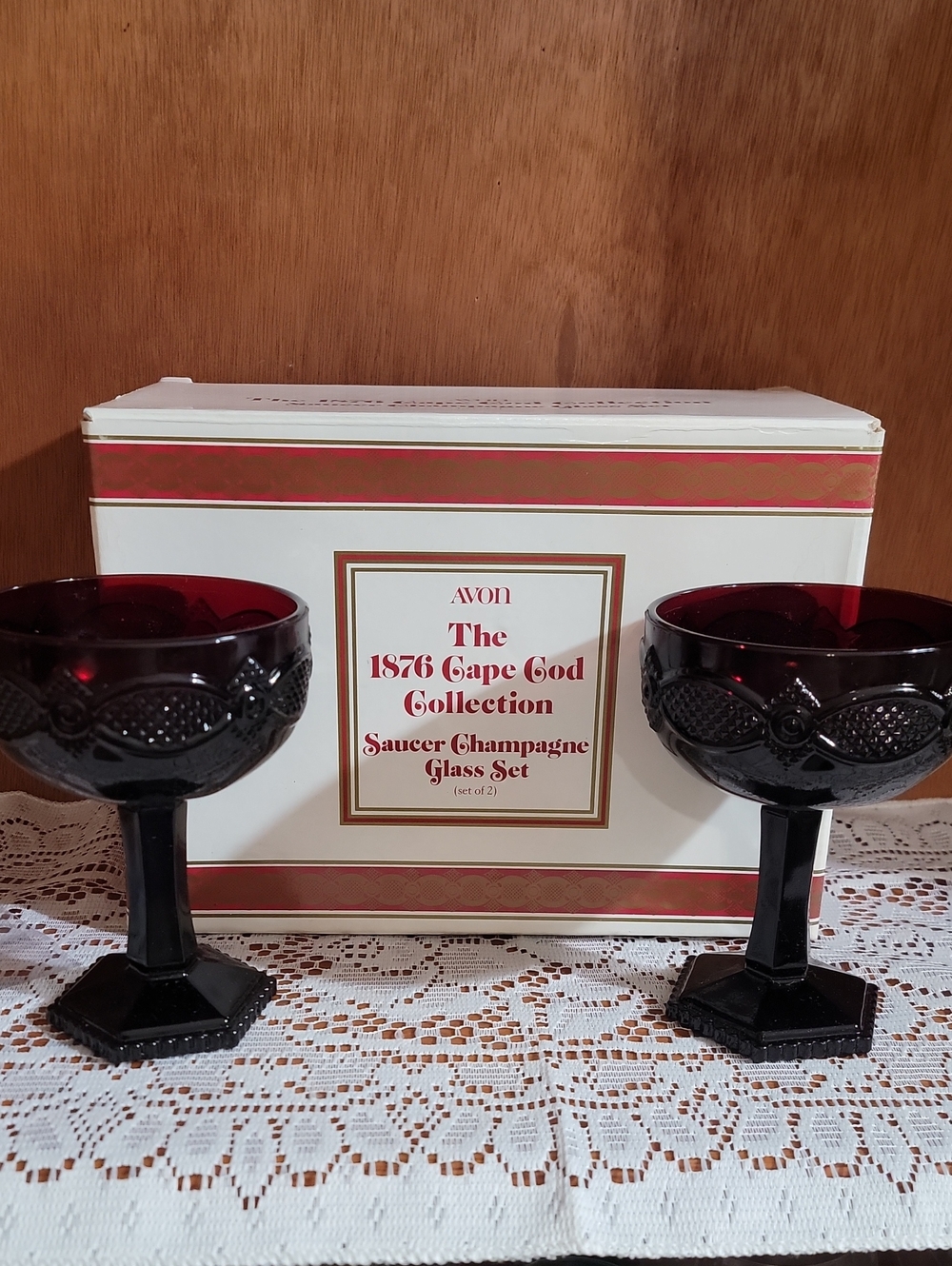 Avon Cape Cod 1876 Ruby Red Saucer Champagne Glasses